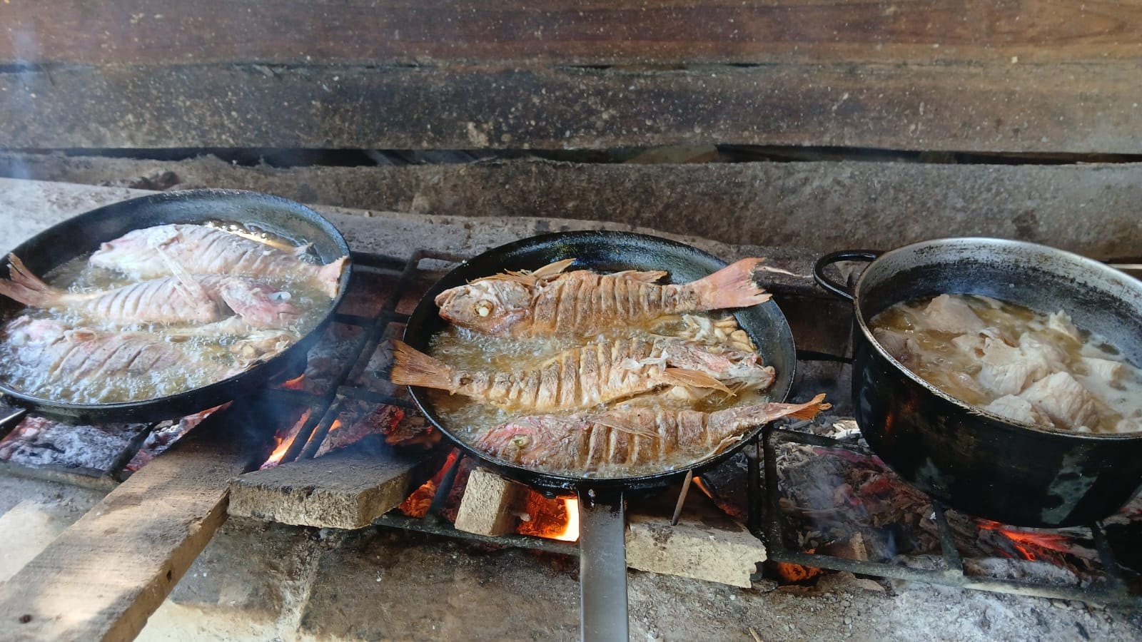 Cocina de leña con pescado frito en El Jobo